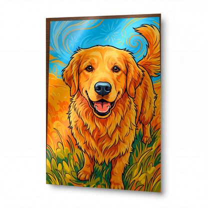 Obraz Golden retriever v objětí slunečního poledne — kovový obraz na hliníkovém panelu s vysokým leskem