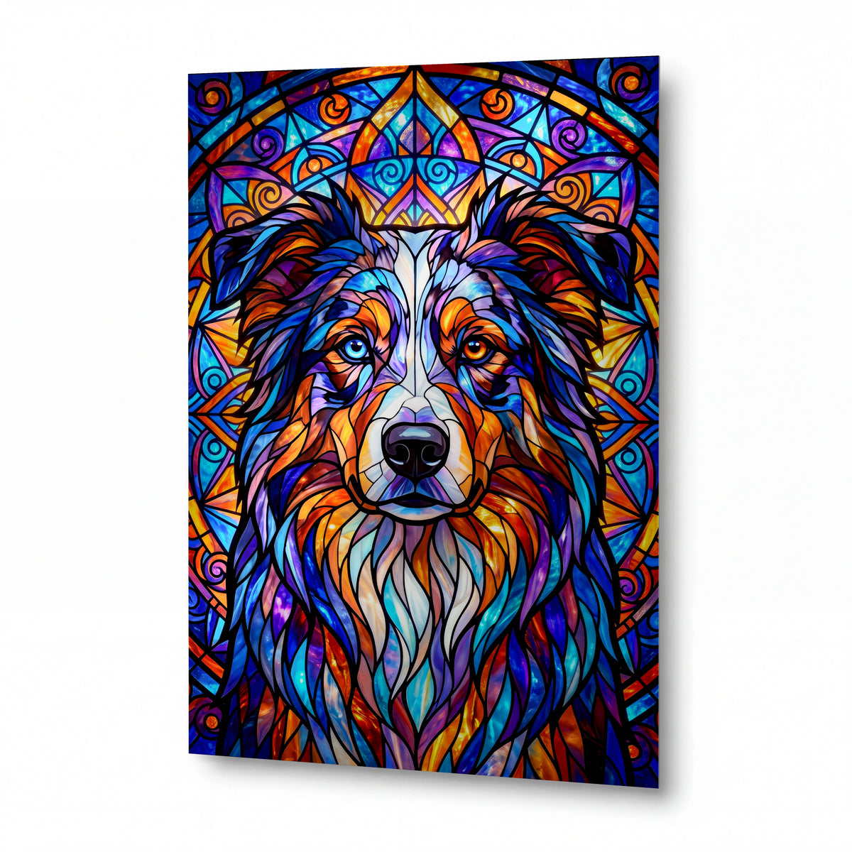 Obraz Collie v kaleidoskopu barevných paprsků — kovový obraz na hliníkovém panelu s vysokým leskem