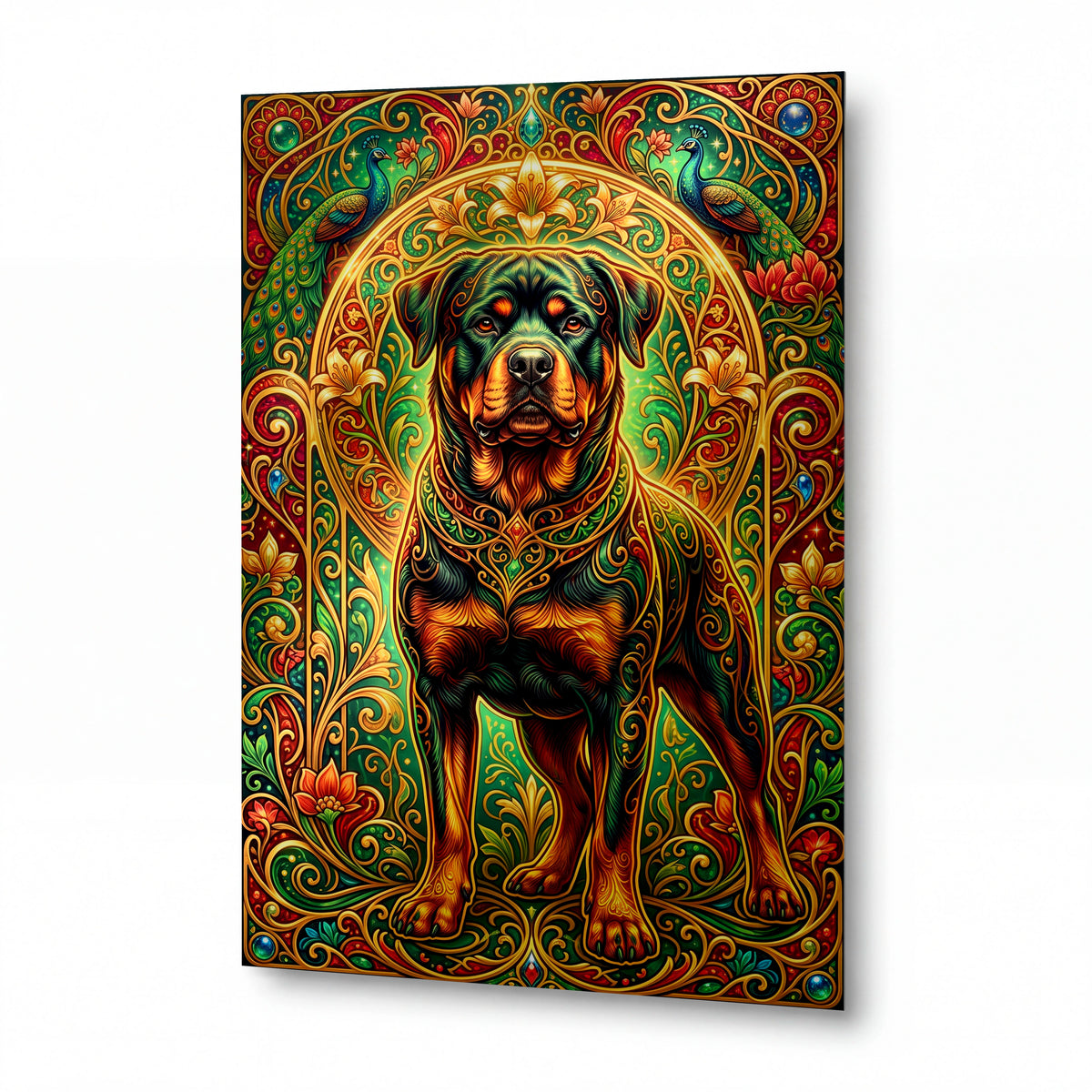 Obraz Rottweiler v ornamentálním rámu s pávy — kovový obraz na hliníkovém panelu s vysokým leskem