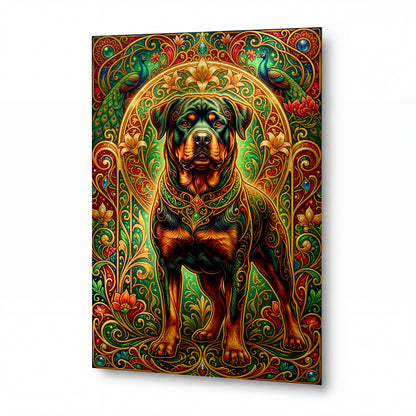Obraz Rottweiler v ornamentálním rámu s pávy — kovový obraz na hliníkovém panelu s vysokým leskem