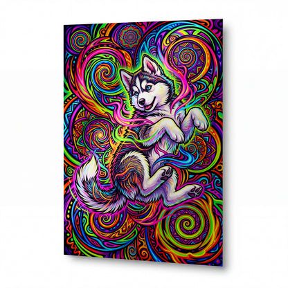 Obraz Husky v psychedelickém víru mandal a barev — kovový obraz na hliníkovém panelu s vysokým leskem