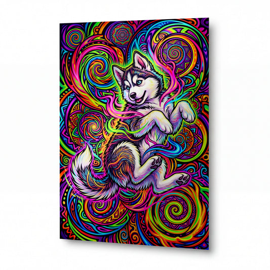 Obraz Husky v psychedelickém víru mandal a barev — kovový obraz na hliníkovém panelu s vysokým leskem