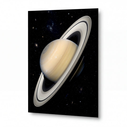 Obraz Saturn v úplném třpytu svých stříbrných prstenců — kovový obraz na hliníkovém panelu s vysokým leskem