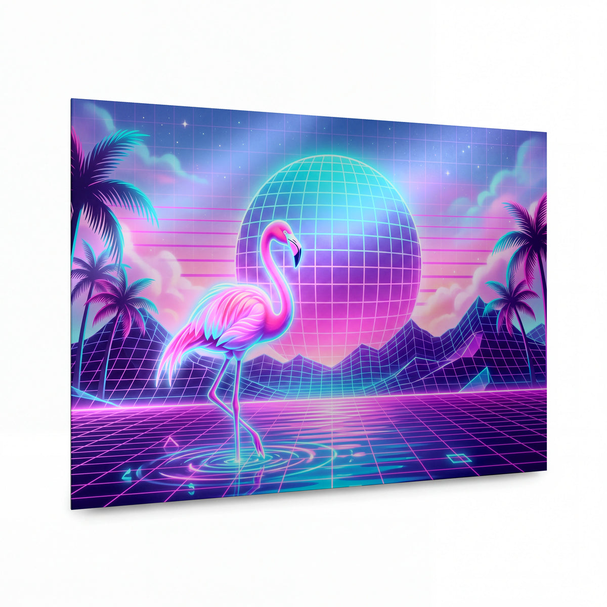 Obraz Plameňák v neonové retrowave krajině — lesklý kovový obraz