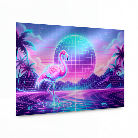 Obraz Plameňák v neonové retrowave krajině — lesklý kovový obraz