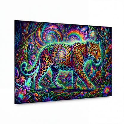 Obraz Duhový jaguar v psychedelické džungli — kovový obraz na hliníkovém panelu