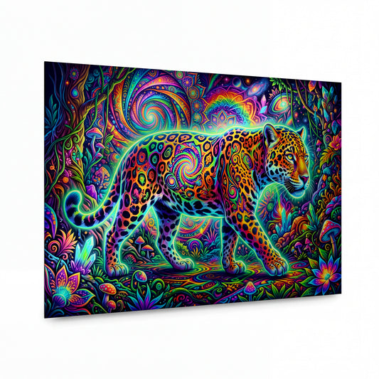 Obraz Duhový jaguar v psychedelické džungli — kovový obraz na hliníkovém panelu