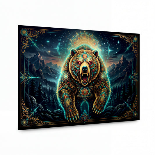 Obraz Medvěd grizzly ve svitu mandalového kruhu — lesklý panel z hliníku