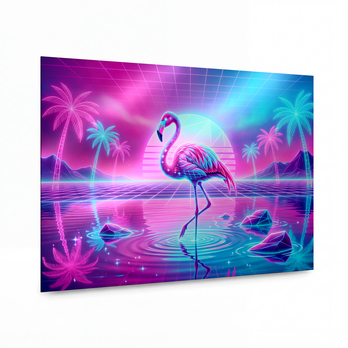 Obraz Neonový plameňák v synthwave ráji — zrcadlově lesklý kovový obraz