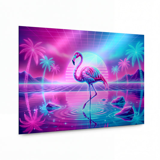 Obraz Neonový plameňák v synthwave ráji — zrcadlově lesklý kovový obraz