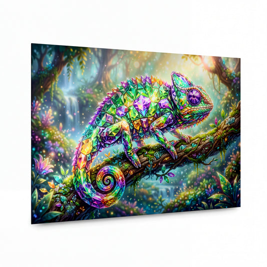 Obraz Chameleon z kaleidoskopu drahokamů na větvi s kapkami rosy — kovový obraz, vysoký lesk