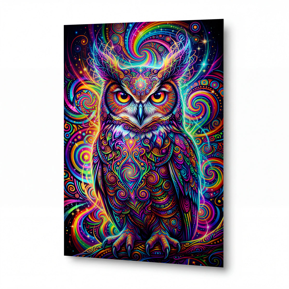 Obraz Psychedelická sova v duhových spirálách — lesklý panel z hliníku
