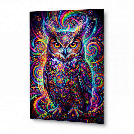 Obraz Psychedelická sova v duhových spirálách — lesklý panel z hliníku