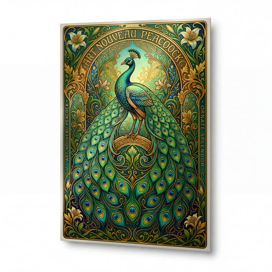 Obraz Páv art nouveau v pozlaceném orámování — kovový obraz s vysokým leskem