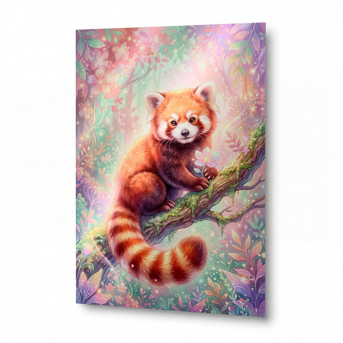 Obraz Panda rudá na rozkvetlé větvi — lesklý kovový obraz