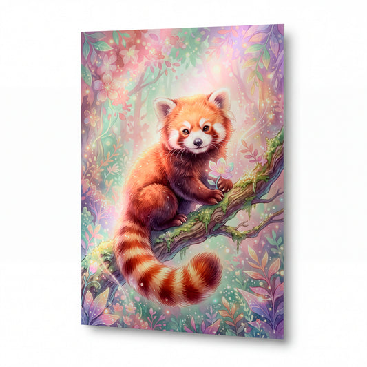 Obraz Panda rudá na rozkvetlé větvi — lesklý kovový obraz