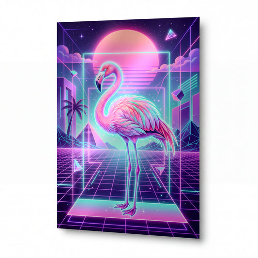 Obraz Neonový plameňák v retrowave ráji — exkluzivní kovový obraz s vysokým leskem