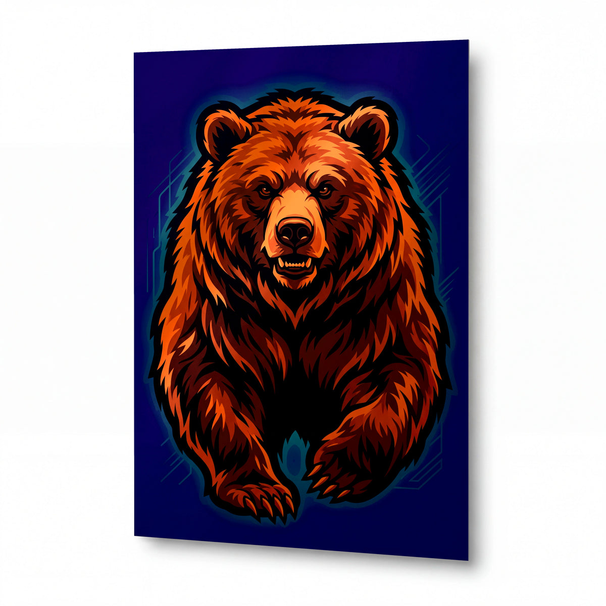 Obraz Plamenný grizzly v neonovém objetí — kovový panel s vysokým leskem