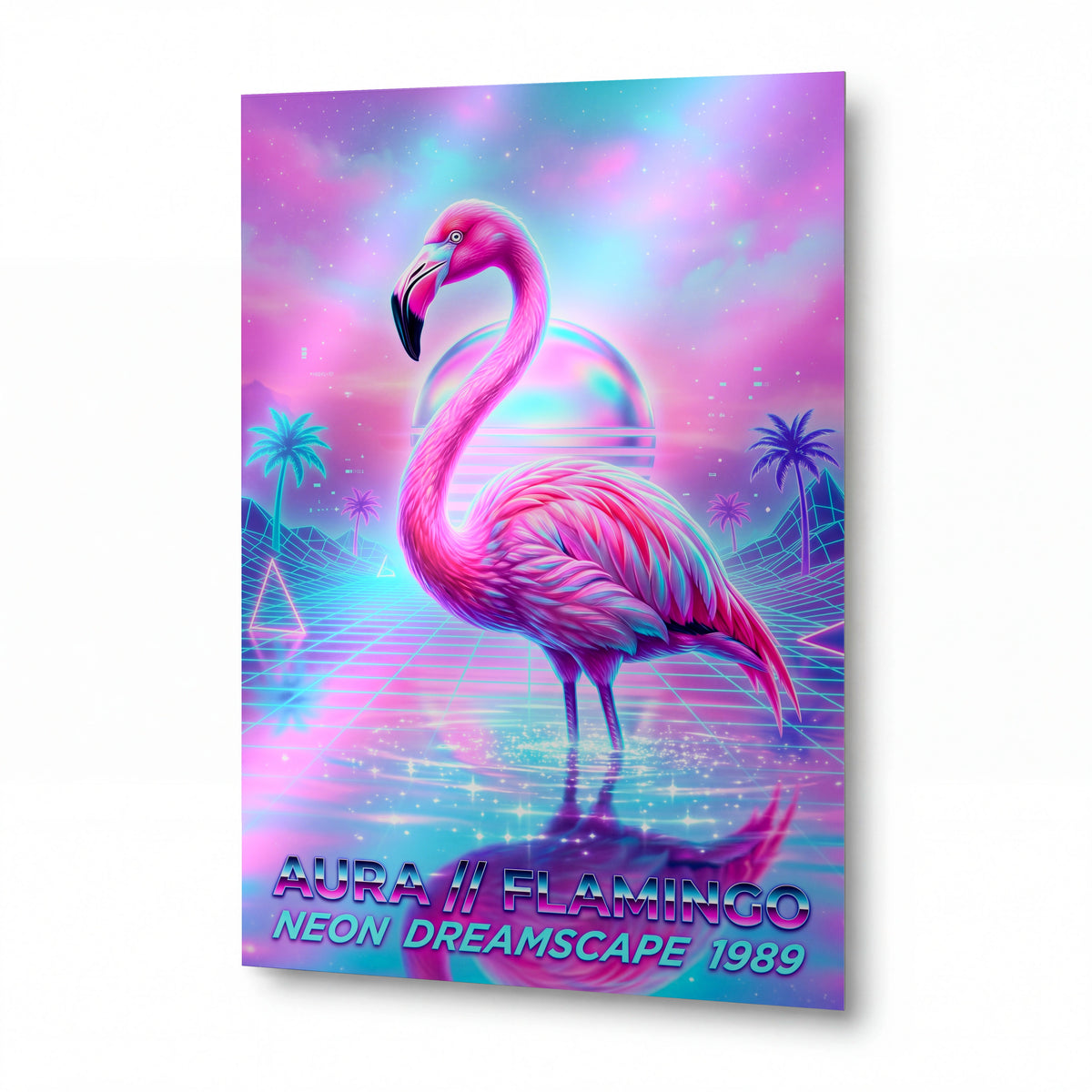 Obraz Flamingo v neonové retrowave krajině — lesklý panel z hliníku