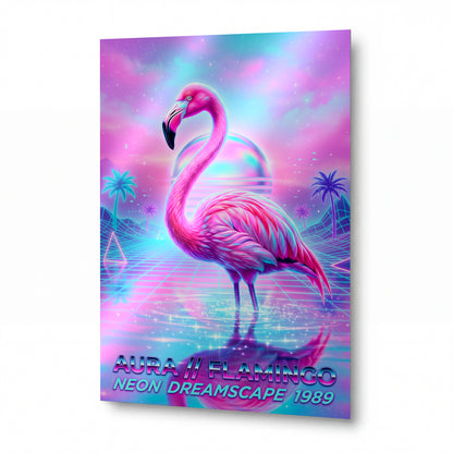 Obraz Flamingo v neonové retrowave krajině — lesklý panel z hliníku