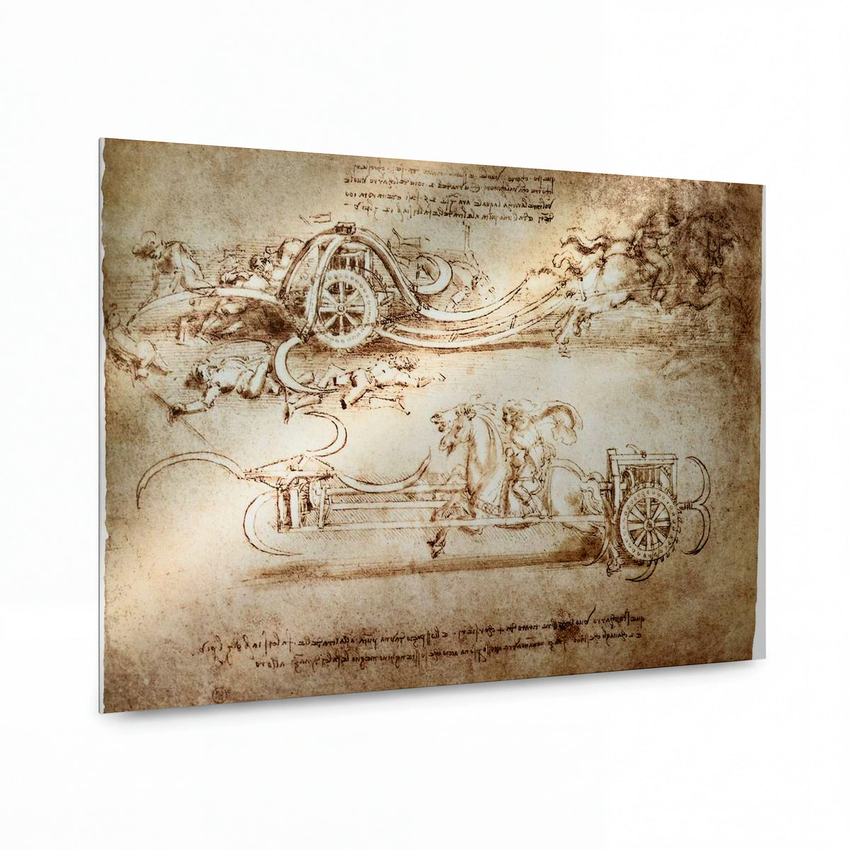 Obraz Leonardo da Vinci — Studie válečných vozů a strojů — kovová reprodukce s vysokým leskem