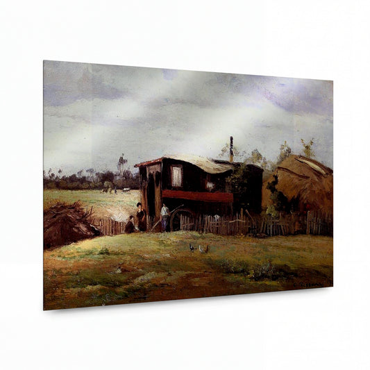 Obraz Camille Pissarro — La roulette des Bohemiens — reprodukce na lesklém hliníkovém panelu