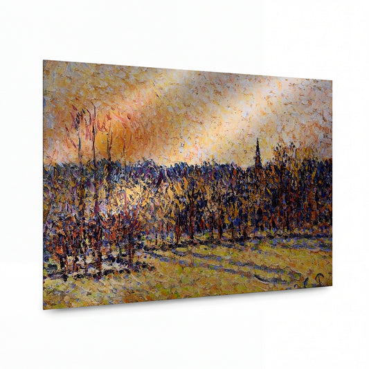 Obraz Camille Pissarro — Sunset, Bazincourt Steeple — lesklý kovový obraz — lesklý kovový obraz