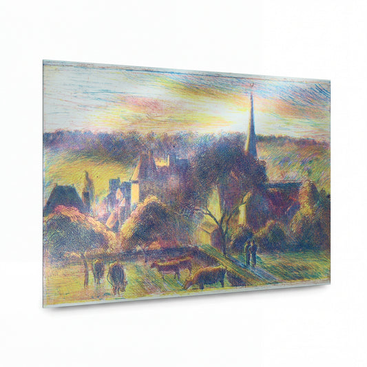 Obraz Camille Pissarro — The Church and Farm at Eragny-sur-Epte — prémiová reprodukce na kovovém panelu — prémiová reprodukce na kovovém panelu