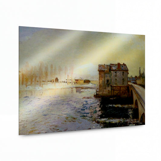 Obraz Alfred Sisley — Most v Moretu a mlýny ve sněhu — reprodukce na lesklém hliníkovém panelu