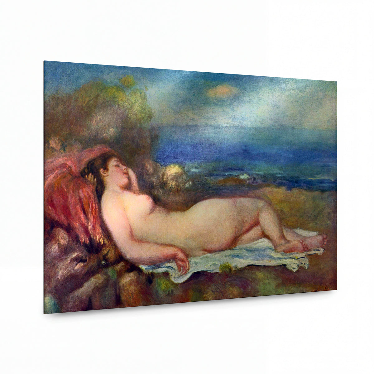 Obraz Pierre-Auguste Renoir — Spící akt u moře — reprodukce na kovovém panelu s vysokým leskem