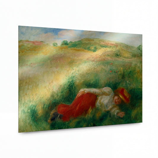 Obraz Pierre-Auguste Renoir — Žena odpočívající v trávě — kovový obraz na hliníkovém panelu — kovový obraz na hliníkovém panelu
