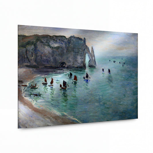 Obraz Claude Monet — Útesy Étretat s rybářskými čluny — kovový obraz na hliníkovém panelu