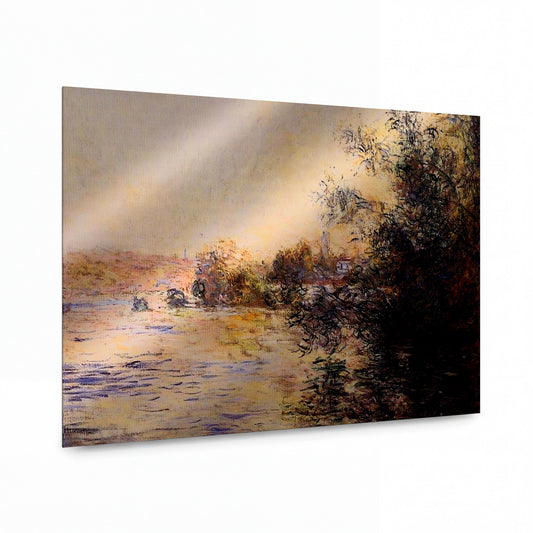Obraz Claude Monet — Řeka se stromy a mostem v mlze — umělecký kovový obraz s vysokým leskem