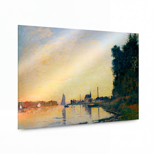 Obraz Claude Monet — Továrny u řeky při západu slunce — luxusní reprodukce na kovu