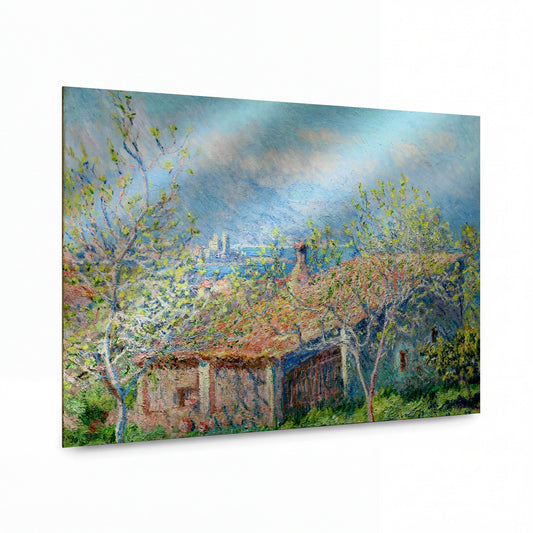 Obraz Claude Monet — Jarní krajina s domky a rozkvetlými stromy — luxusní reprodukce na kovu