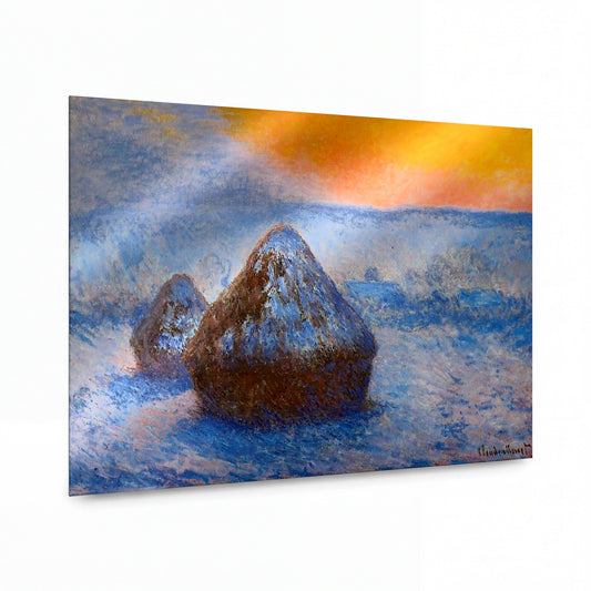 Obraz Claude Monet — Stoh sena v zimní krajině — kovová reprodukce s vysokým leskem