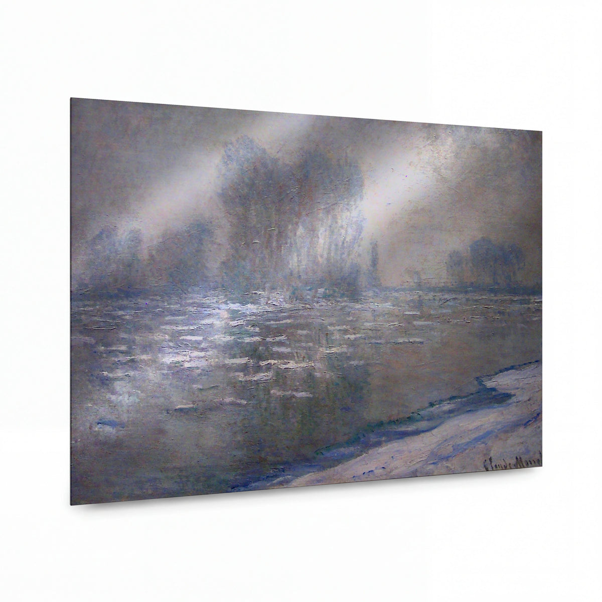 Obraz Claude Monet — Zimní krajina se zamrzlou řekou v mlze — hliníkový panel s vysokým leskem