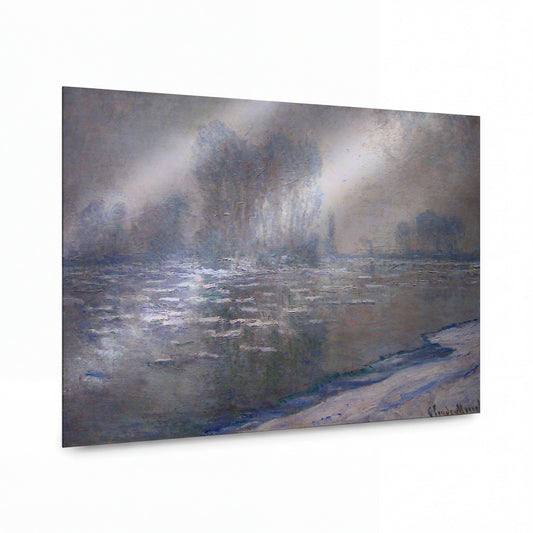Obraz Claude Monet — Zimní krajina se zamrzlou řekou v mlze — hliníkový panel s vysokým leskem