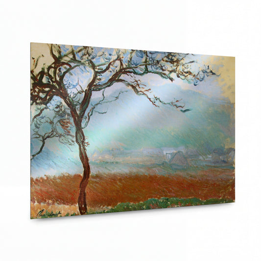 Obraz Claude Monet — Strom nad krajinou v mlze — kovová reprodukce s vysokým leskem