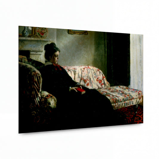 Obraz Claude Monet — Zamyšlená žena s knihou na pohovce — reprodukce na lesklém hliníkovém panelu