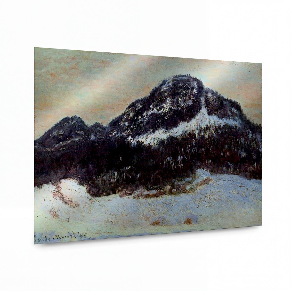 Obraz Claude Monet — Hora pokrytá sněhem v zimním světle — reprodukce na kovovém panelu s vysokým leskem