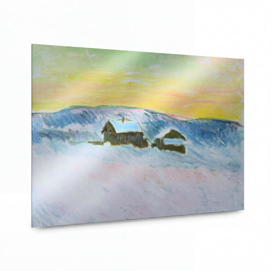 Obraz Claude Monet — Zimní krajina s chalupami pod kopcem — prémiová reprodukce na kovovém panelu