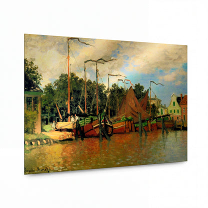 Obraz Claude Monet — Přístav se zakotvených lodí u řeky — kovová reprodukce s vysokým leskem