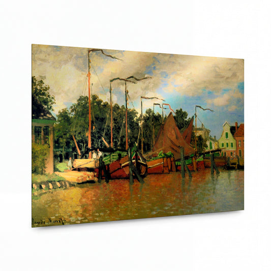 Obraz Claude Monet — Přístav se zakotvených lodí u řeky — kovová reprodukce s vysokým leskem