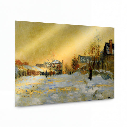 Obraz Claude Monet — Zasněžená ulice při západu slunce — kovový obraz na hliníkovém panelu — kovový obraz na hliníkovém panelu