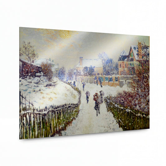 Obraz Claude Monet — Zasněžená vesnice s procházejícími se postavami — lesklý kovový obraz — lesklý kovový obraz