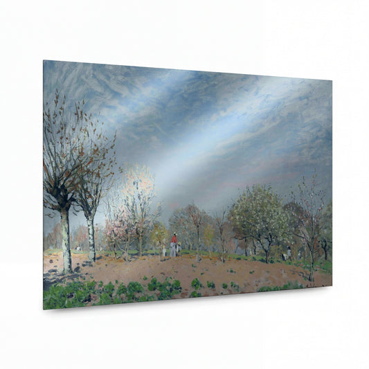 Obraz Alfred Sisley — Apple Trees in Flower, Louveciennes — umělecký kovový obraz s vysokým leskem — umělecký kovový obraz s vysokým leskem