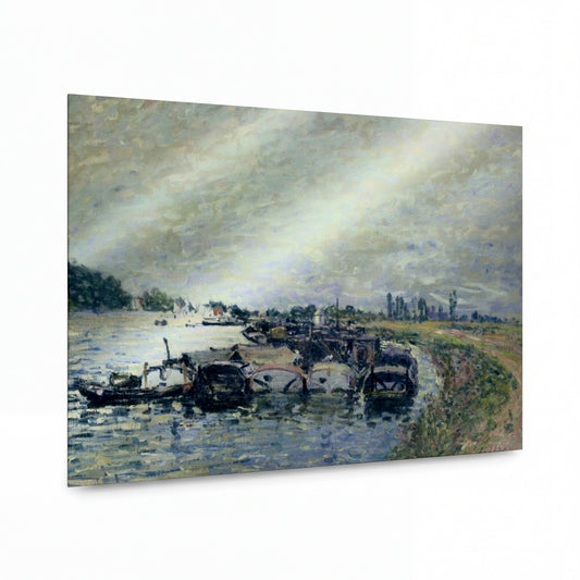 Obraz Alfred Sisley — Barge Garage at Saint-Mammes — umělecký kovový obraz s vysokým leskem — umělecký kovový obraz s vysokým leskem