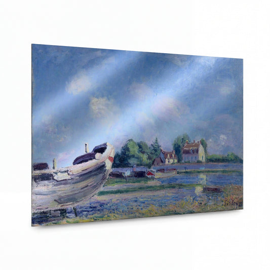 Obraz Alfred Sisley — Boats on Repair at Saint-Mammes — luxusní reprodukce na kovu — luxusní reprodukce na kovu