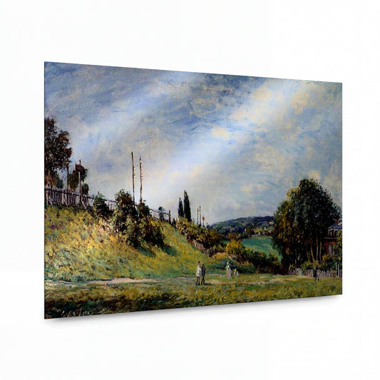 Obraz Alfred Sisley — Railroad Embankment at Sevres — reprodukce na lesklém hliníkovém panelu